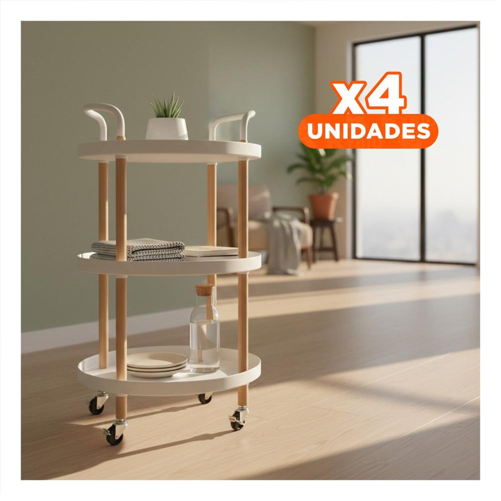 Pack4 Mesa Carrito 3 Niveles Circular con Asa Blanco Para Cocina Oficina y Sala Y+Papel Regalo