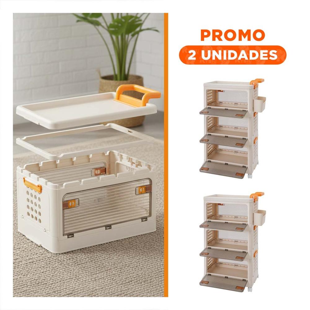 Pack2 Organizador 3 Niveles Cerrado con Cajones Beige Asa Naranja para Casa