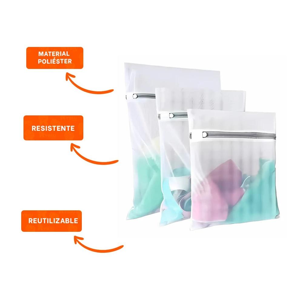 Caja 3 Bolsas de Malla para Lavar Ropa Rectangular Blanco Y+Ligas Regalo