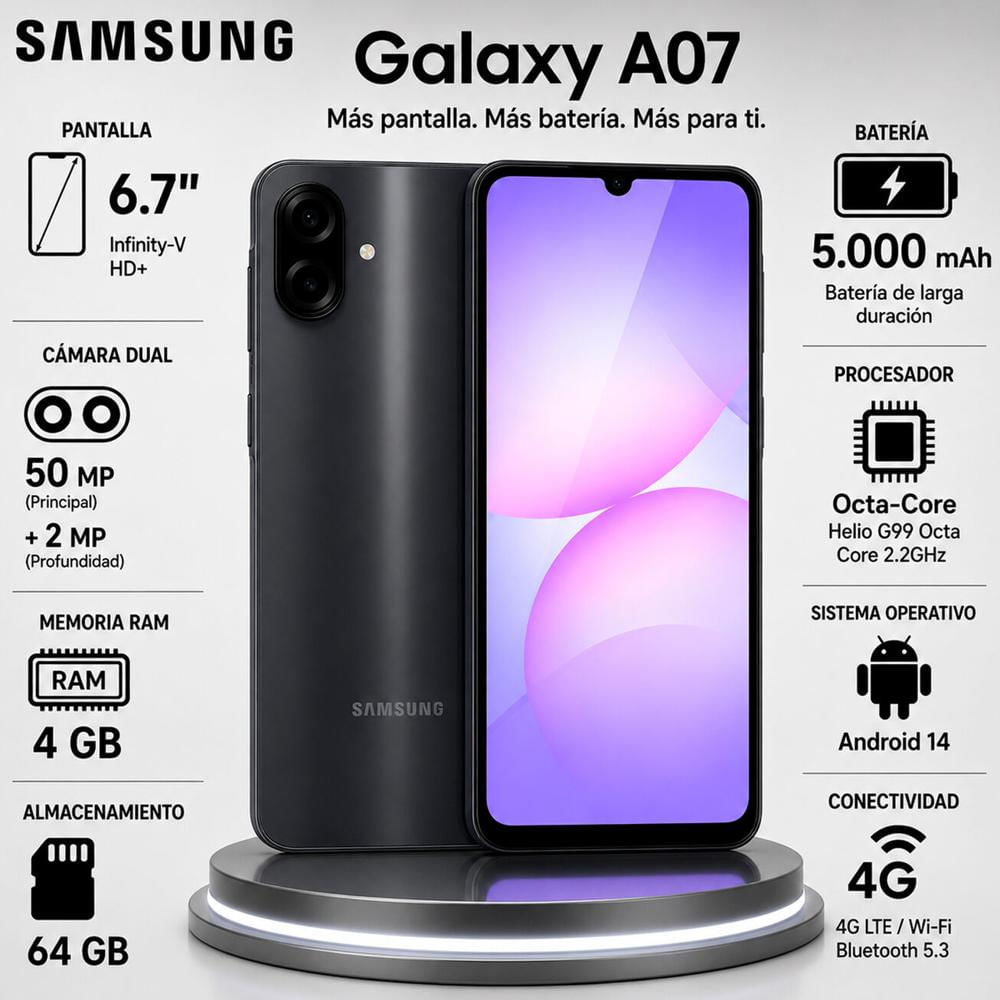Celular Samsung Galaxy A07 4GB RAM 64GB Negro