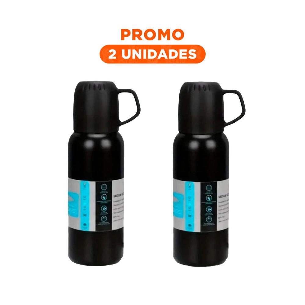 Pack2 Botella Portatil 500 ml con 3 Tazas Negro para Viajes Cortos Y Regalo Sticker