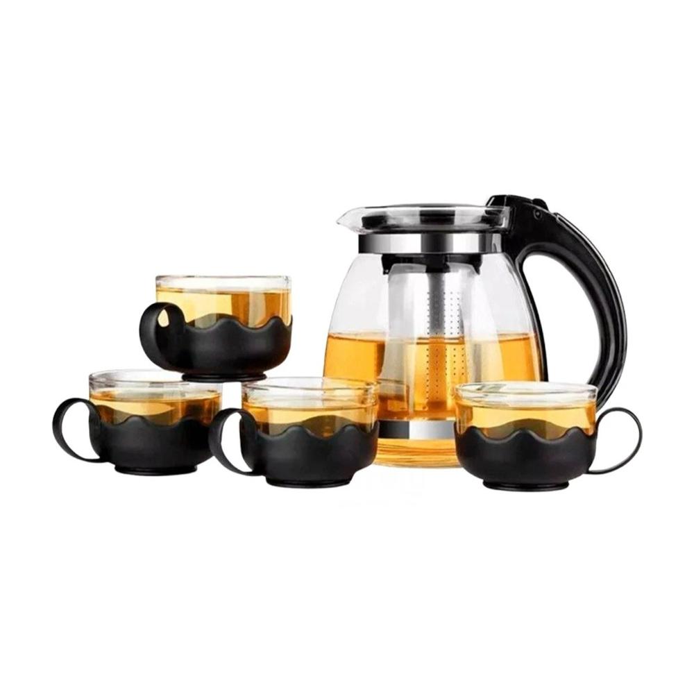 Infusor de 1000ml con 4 tazas de 150ml transparente base ondeado negro Y Regalo Sticker