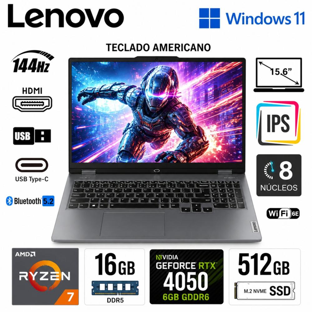 Laptop Lenovo 15.6  Ryzen 7 7735HS 16GB 512GB SSD RTX 4050 6GB FHD 144Hz Luna Grey Modelo 83S00000US
