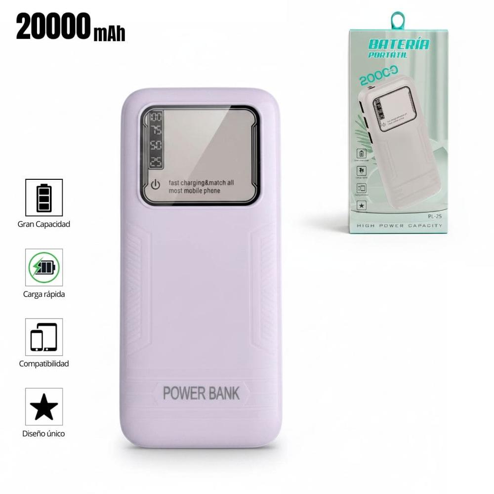 Cargador Power bank PL-25 Carga Rápida 20000mAh 3 Salidas USB Linterna Led Morado