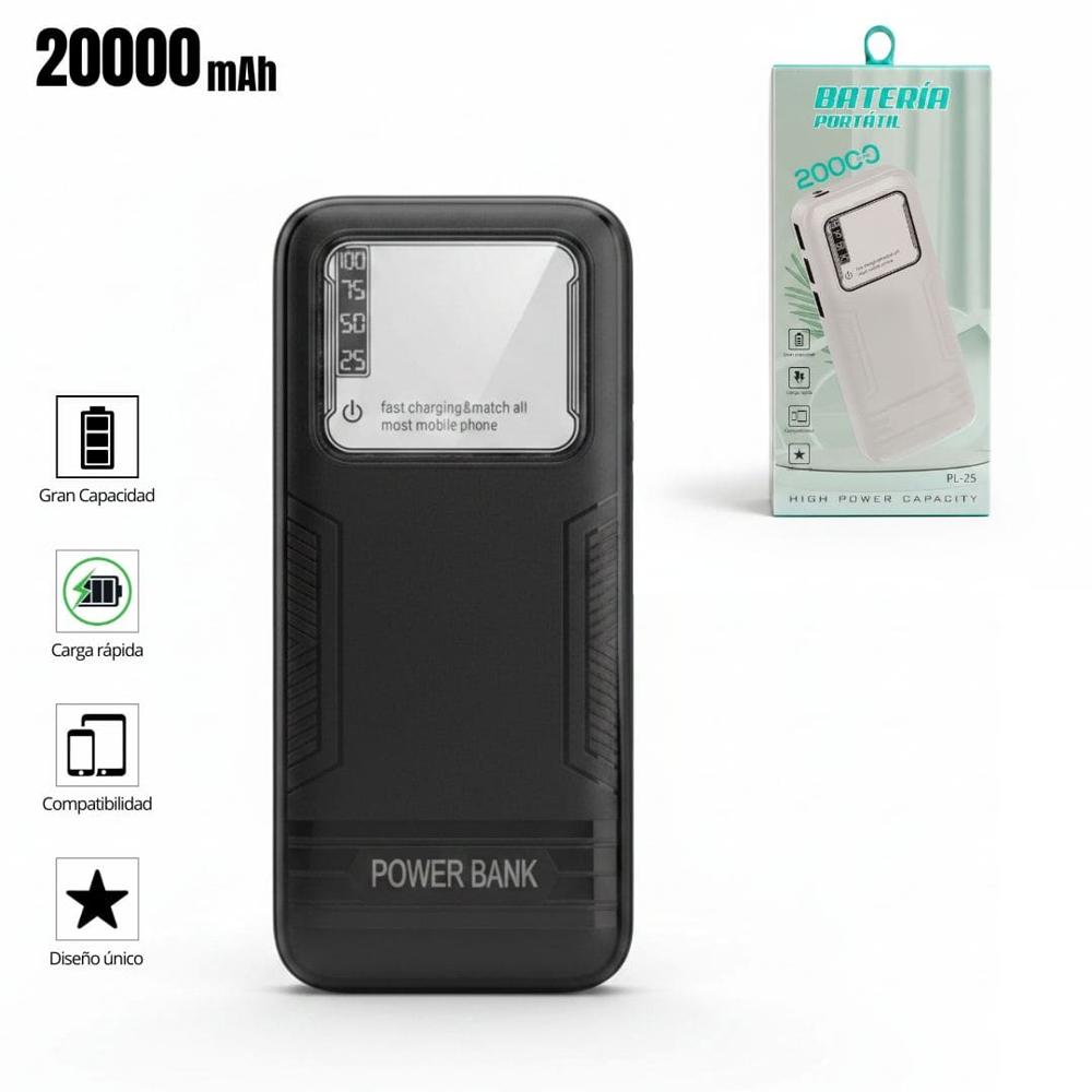 Cargador Power bank PL-25 Carga Rápida 20000mAh 3 Salidas USB Linterna Led Negro
