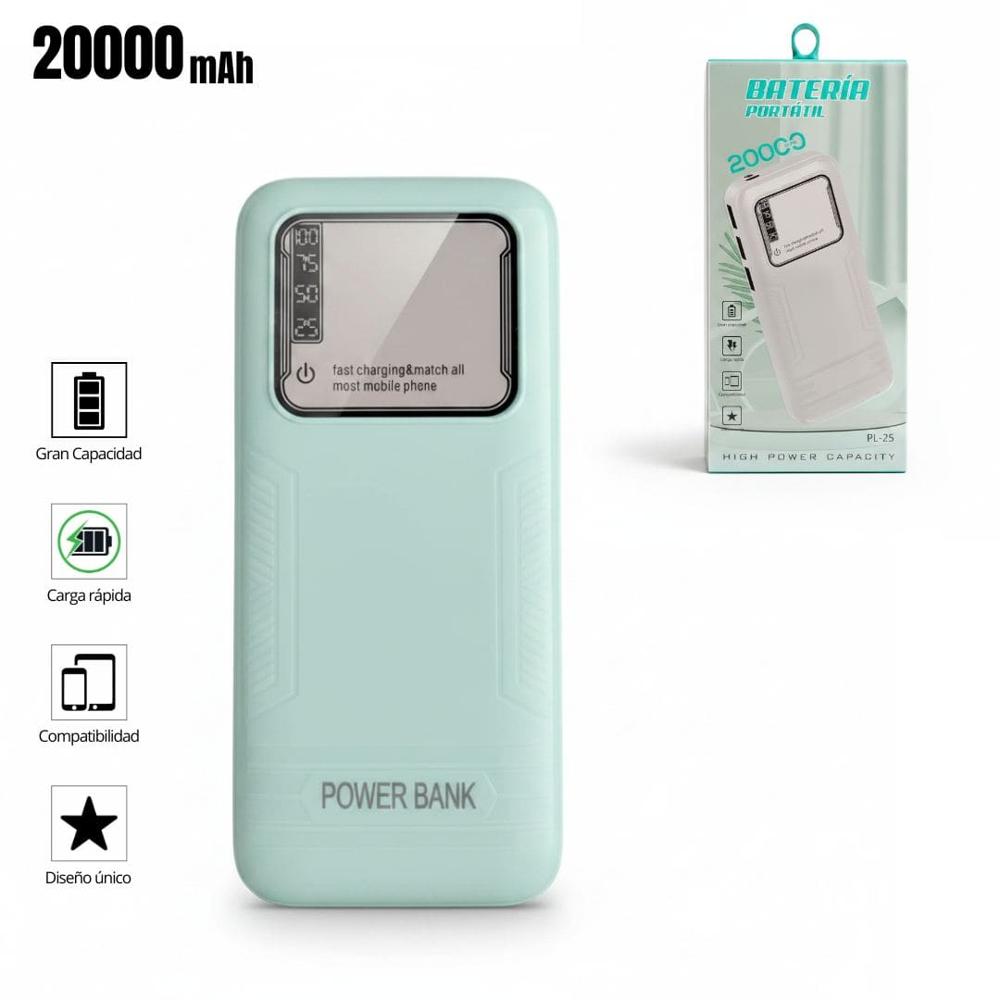 Cargador Power bank PL-25 Carga Rápida 20000mAh 3 Salidas USB Linterna Led Verde agua