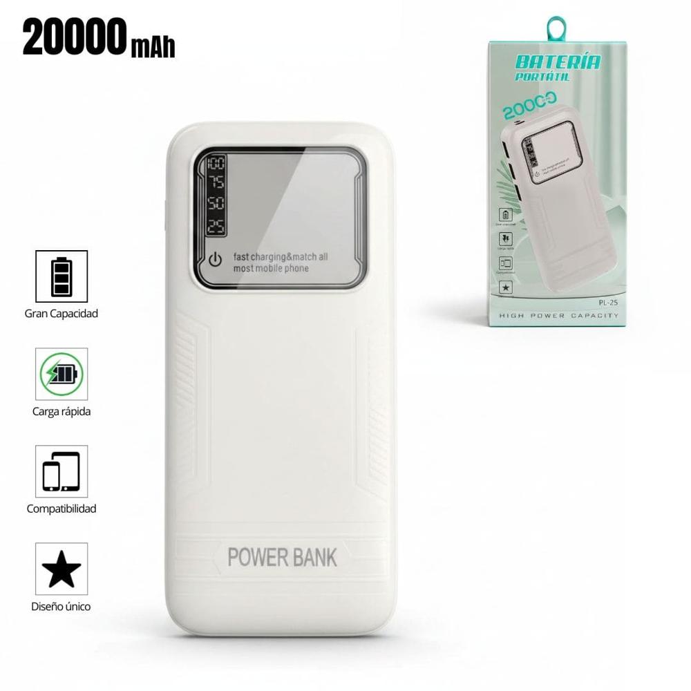 Cargador Power bank PL-25 Carga Rápida 20000mAh 3 Salidas USB Linterna Led Blanco