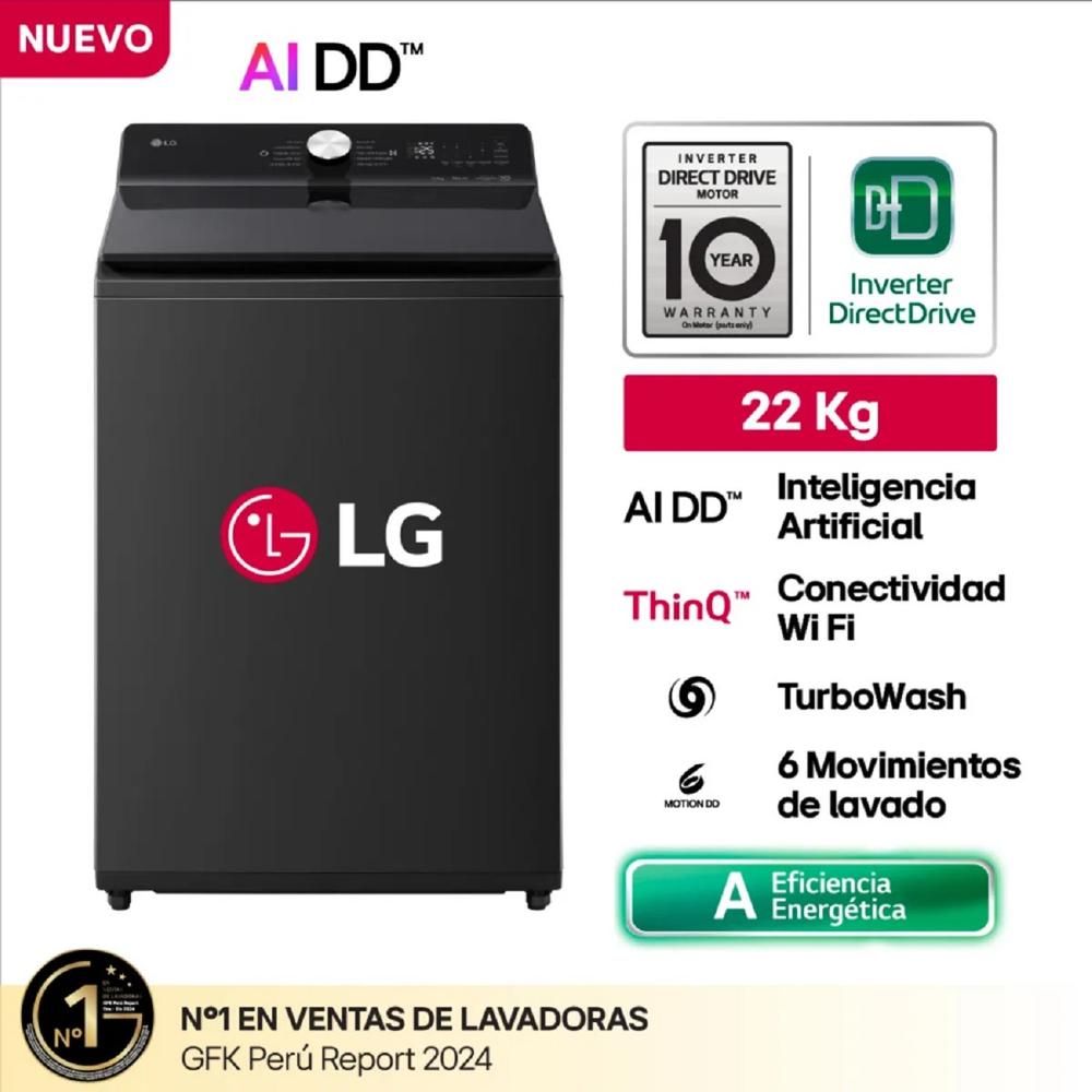 Lavadora WT22OBTX 22kg conInteligencia Artificial Carga Superior Negro Onyx LG