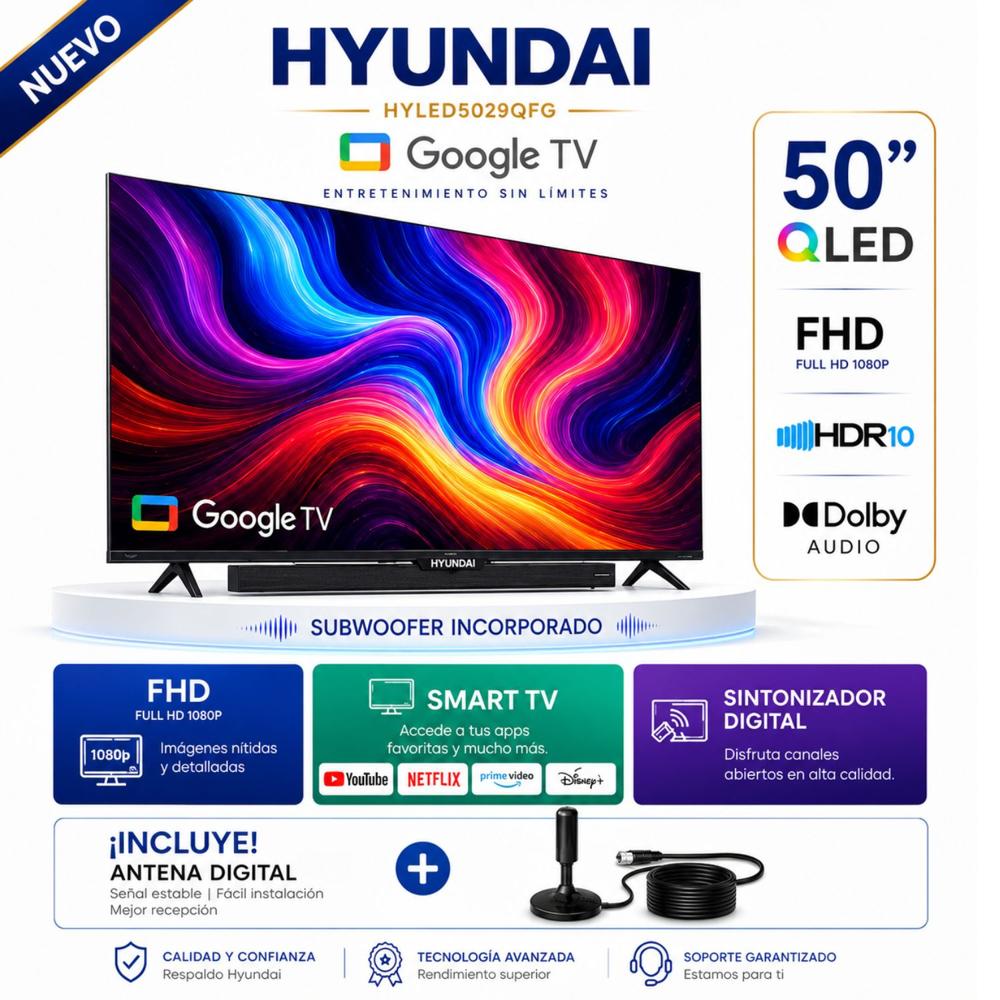 Televisor Hyundai QLED 50 HYLED5029QF Google Tv Full Hd 2025 Mas  Antena Digital