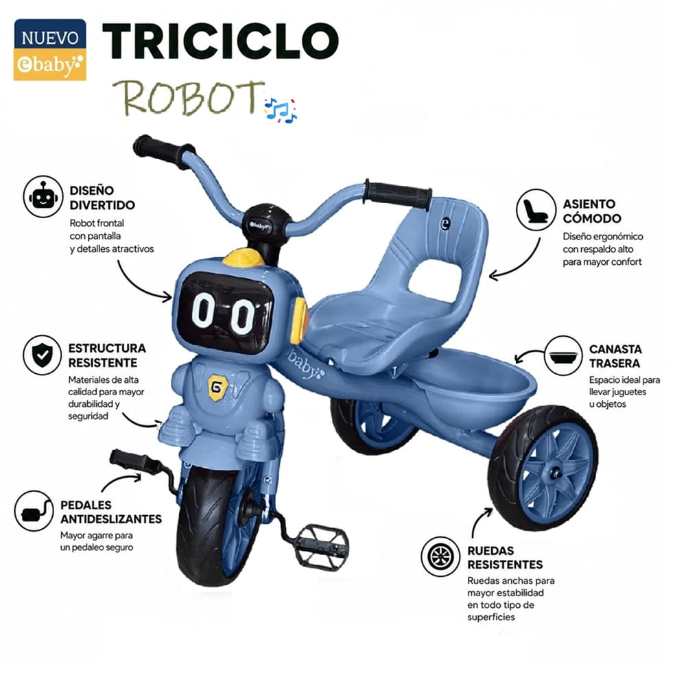 Triciclo Ebaby Robot Musical con Sonido 319 Chavito Azul