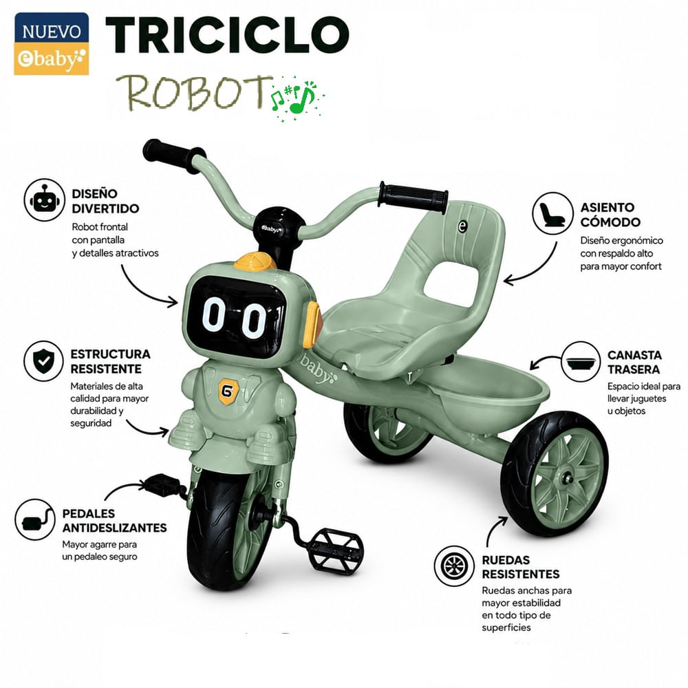 Triciclo Ebaby Robot Musical con Sonido 319 Chavito  Verde