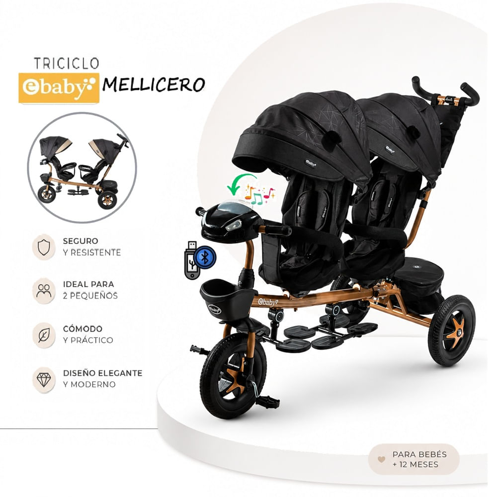 Triciclo Mellicero Gemelar DUO LAZZO Guiador con USB Musica Luces Negro