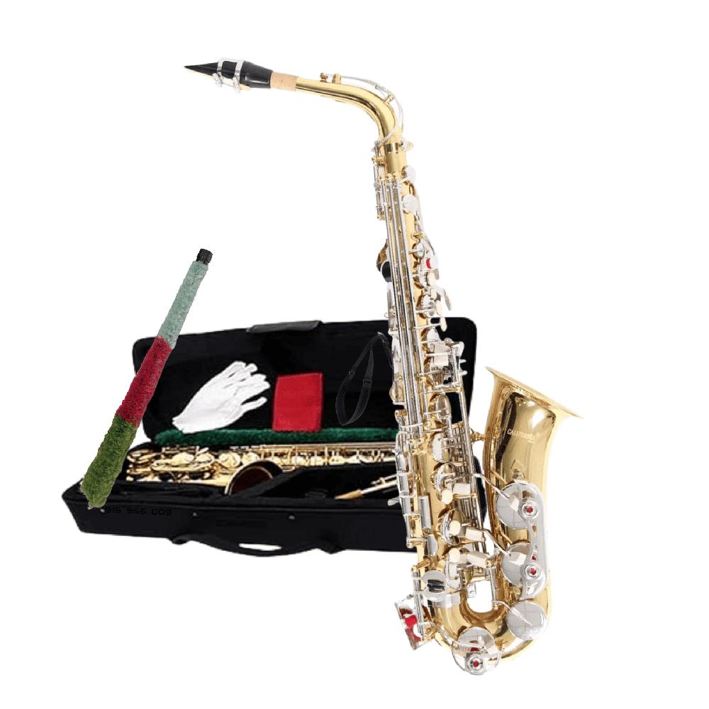 Saxo Alto Dorado con llaves niquelada con accesorios completos