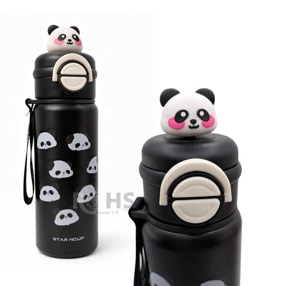 Botella Térmica De Acero Inoxidable Con Sorbete Diseño Panda Negra 25 Cm