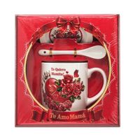 Set De Regalo Para Día De La Madre Taza Con Plato Y Cuchara Te Amo Mamá Diseño Rojo Cerámica