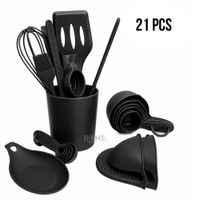 Set De Utensilios De Cocina Silicona 21 Piezas Con Base Y Accesorios Resistente Al Calor - Negro