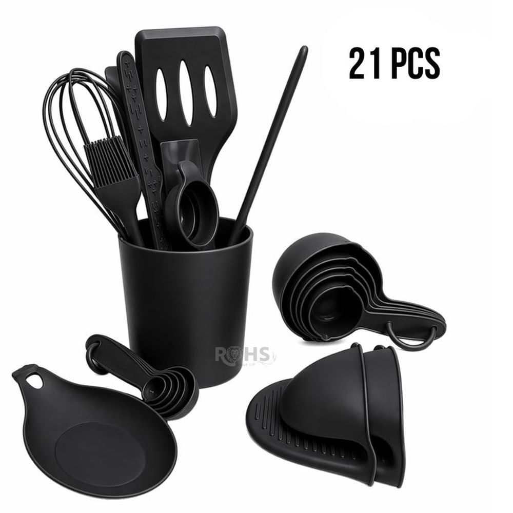 Set De Utensilios De Cocina Silicona 21 Piezas Con Base Y Accesorios Resistente Al Calor - Negro