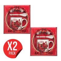 Pack 2 Sets De Regalo Para Día De La Madre Taza Con Plato Y Cuchara Te Amo Mamá Diseño Rojo Cerámica