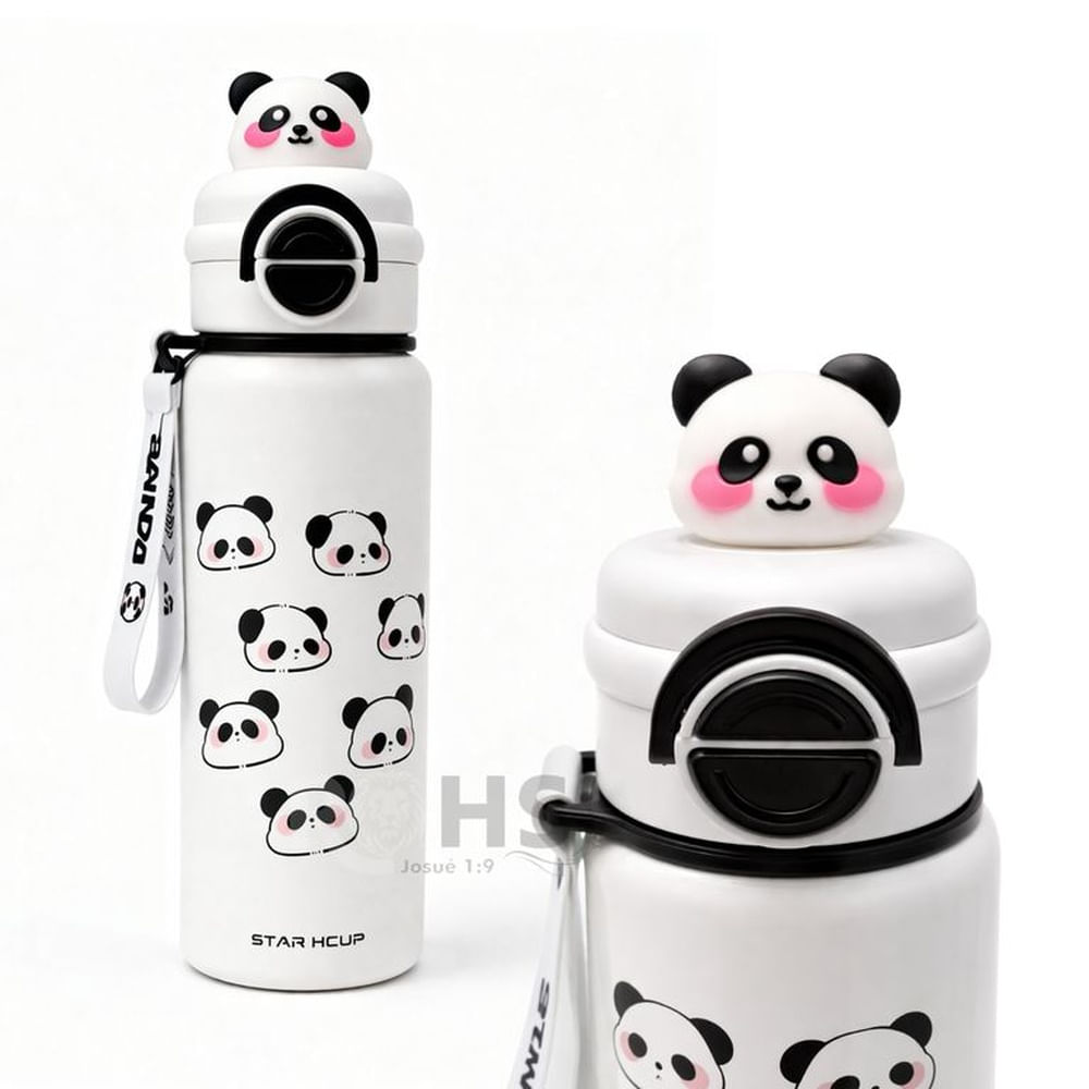 Botella Térmica De Acero Inoxidable Con Sorbete Diseño Panda Blanca 25 Cm