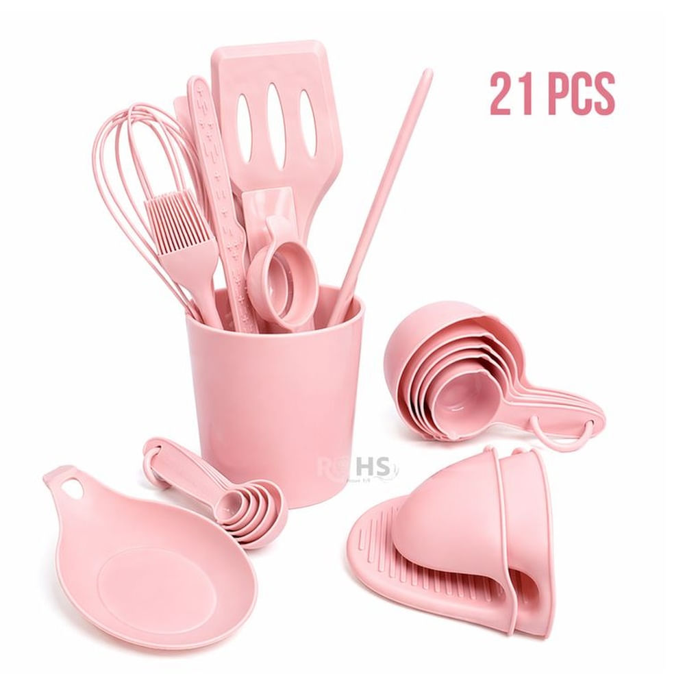Set De Utensilios De Cocina Silicona 21 Piezas Con Base Y Accesorios Resistente Al Calor - Rosa