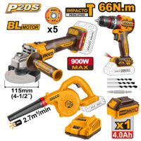 Combo Percutor Ingco 66NM CIDLI206681 con AMOLADORA 20V 115MM CAGLI261521 con SOPLADOR 20V CABLI2078