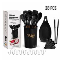 Set De Utensilios De Cocina Silicona 28 Piezas Con Base Y Accesorios Resistente Al Calor Negro