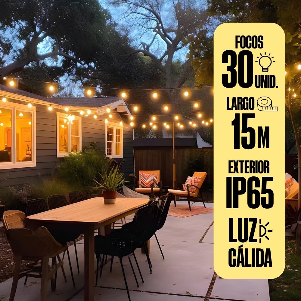 Guirnalda LED Orange 30 Focos Luz Cálida 15m Exterior Negro