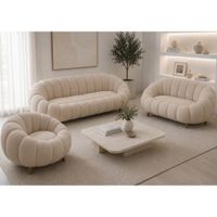 Juego de Sala Phuyu Beige 3 2 1 Curvo Patas de madera