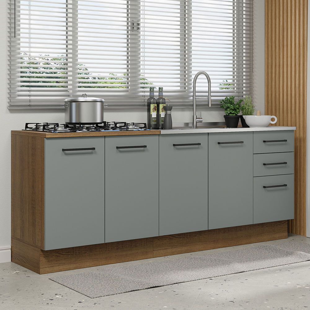 Kit con 2 Muebles de Cocina Agata 200 cm - Marrón y Gris