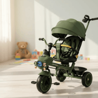 Triciclo para niños 2 en 1 verde con toldo luces sonido y asiento giratorio reclinable