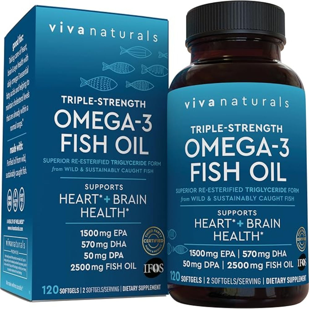 Viva Naturals Píldoras de aceite de pescado Omega 3 de triple potencia  120 capsulas