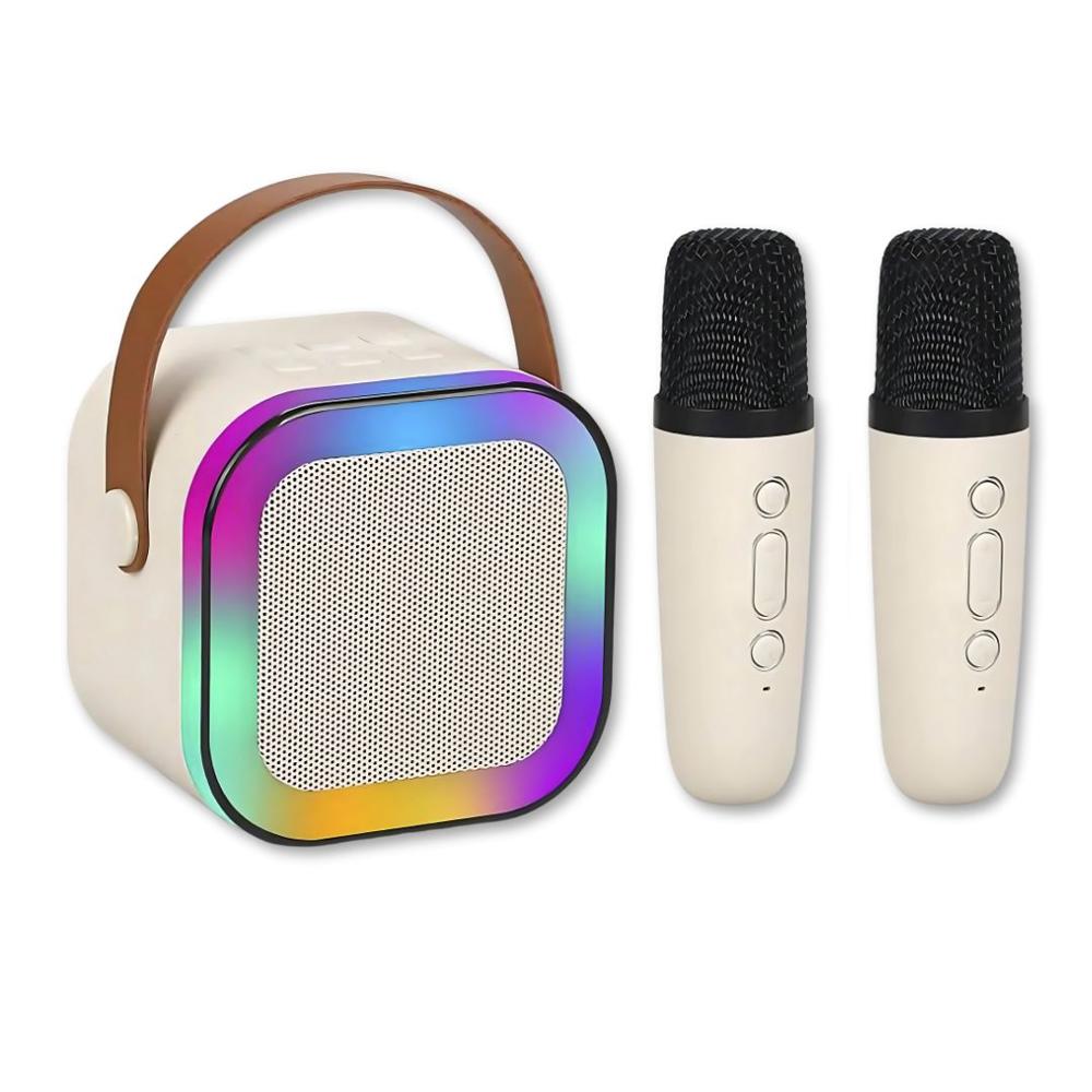 Parlante Karaoke Inteligente Portátil con 2 Micrófonos y Luces LED K12 Crema