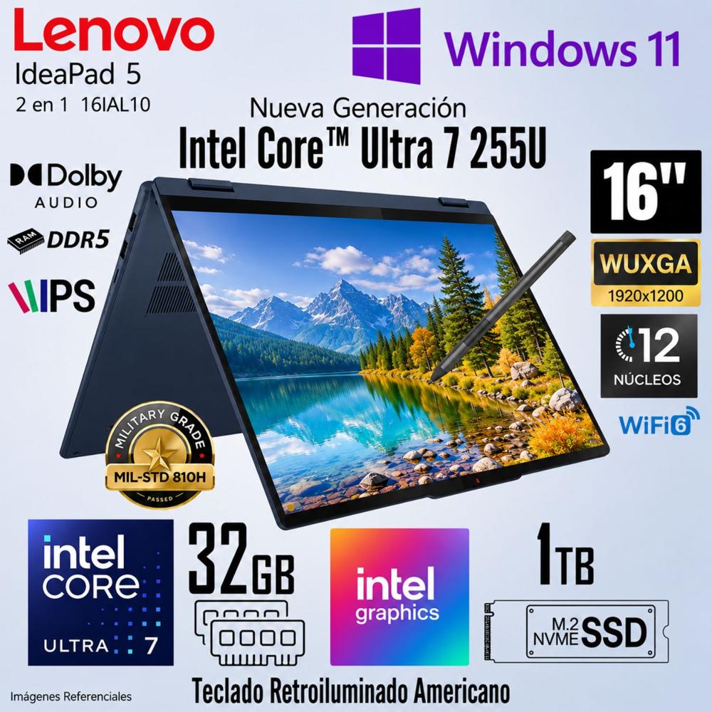 Laptop Lenovo IdeaPad 5 2 en 1 16IAL10 Intel Core Ultra 7 255U 32GB RAM 1TB  16 Táctil 83KS001BUS