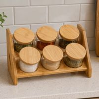Set X 6 Frascos Condimenteros o Especieros con Soporte de Madera