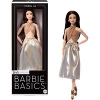 BARBIE BASICS MODELO MUÑECA CABELLO CASTAÑO OUTFIT DORADO