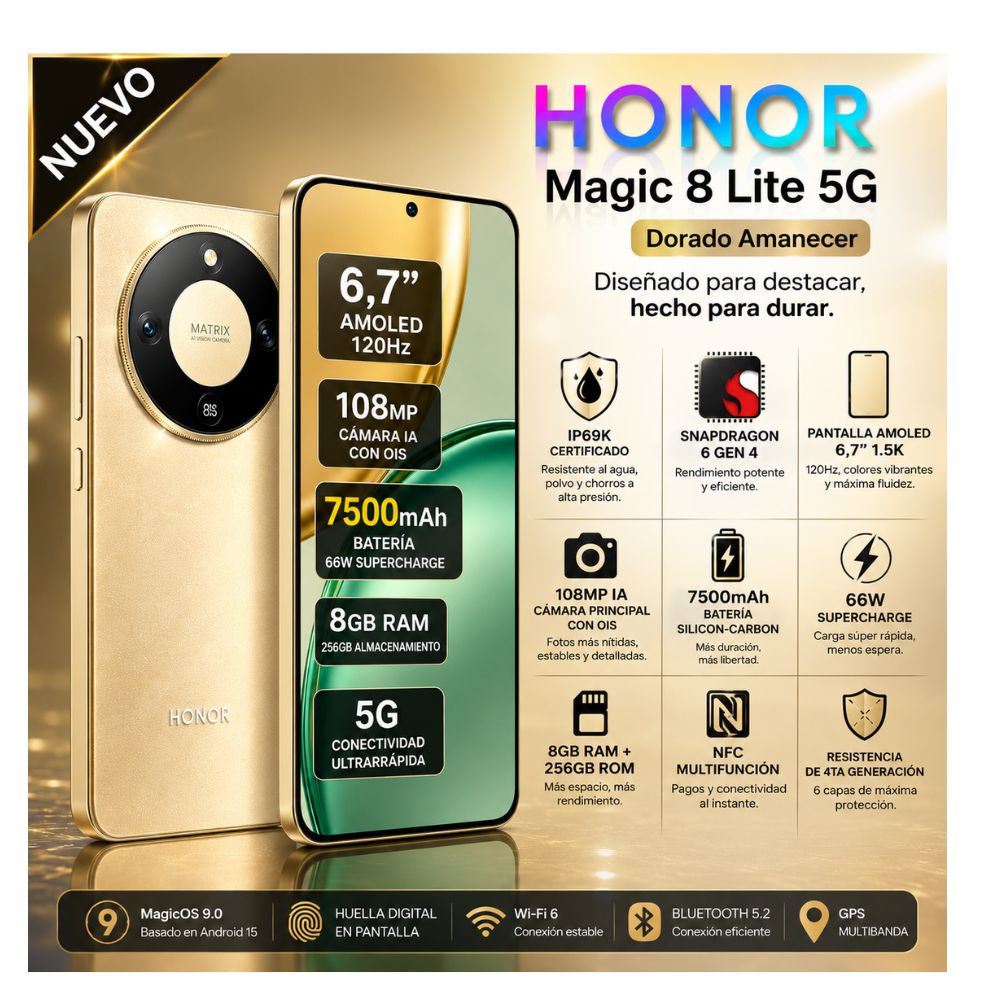 CELULAR Honor Magic 8 LITE 5G 8GB RAM 256GB  DORADO