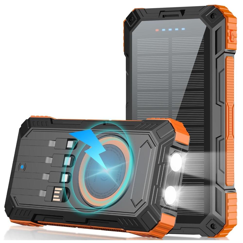 Power Bank Solar 40000mAh Carga Rápida 22.5W Inalámbrico Resistente IP65 Naranja