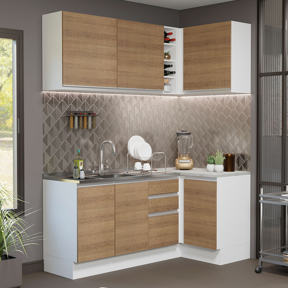 Mueble de Cocina Integral de Esquina Glamy 269 cm - Blanco y Marrón 01