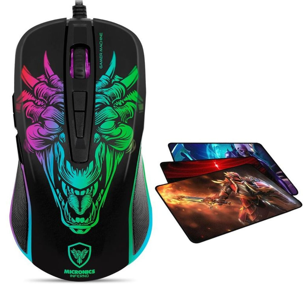 Mouse Gamer Led 7b 12800dpi Micronics Inferno M816 + Pad Mouse