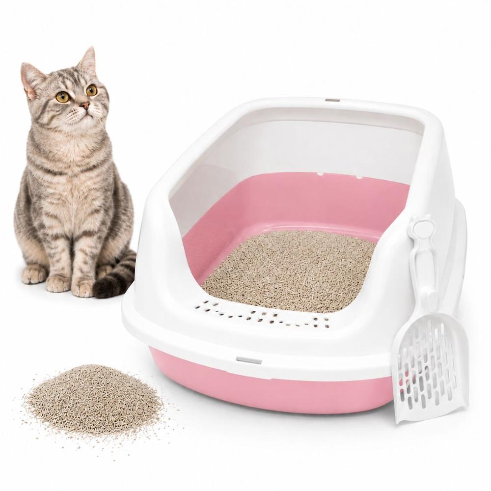 Caja de Arena Arenero Sanitario para Gato Antiderrames con Pala 24x38x50cm Rosado