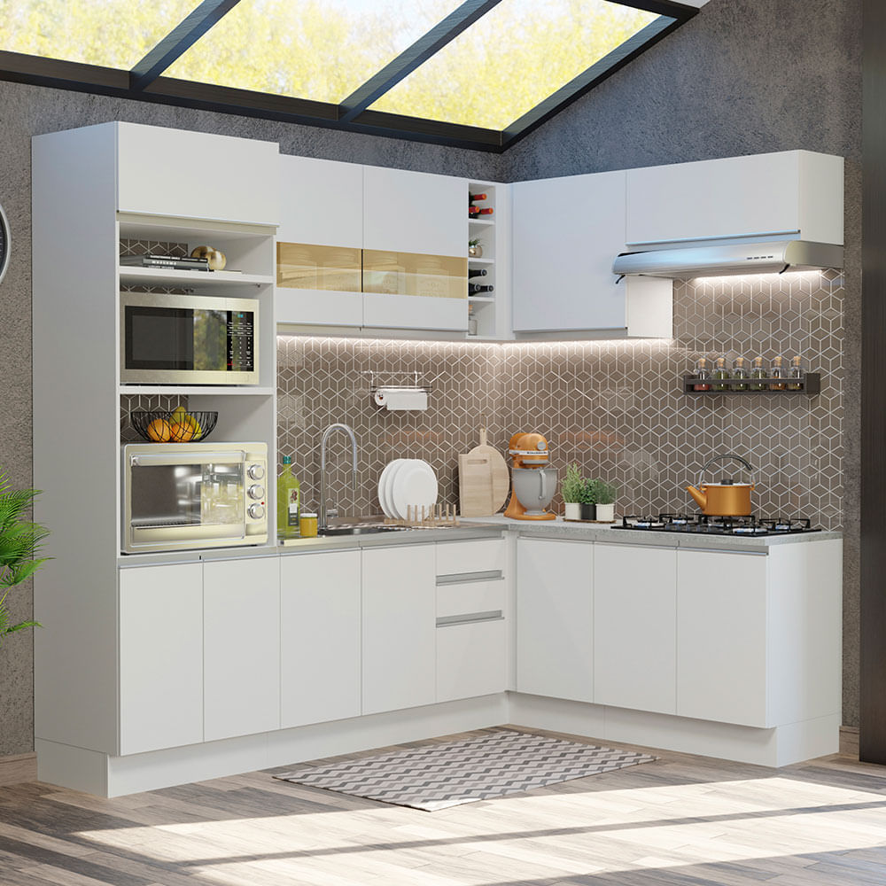 Mueble de Cocina Integral de Esquina Glamy 419 cm - Blanco 01
