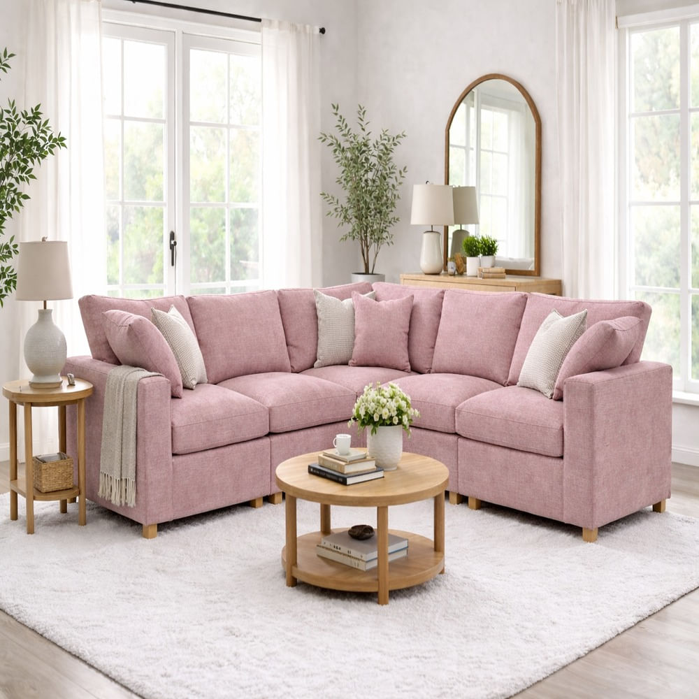 Sofá Gran Confort Cinco Piezas Rosa Antifluido y Obsequio