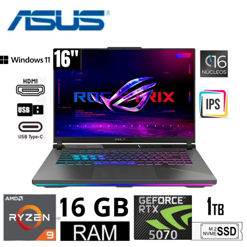 Laptop Gamer Asus ROG STRIX G16 Ryzen 9-8940HX 16GB RAM 1TB SSD RTX5070-8GB 16FHD 165HZ G614P-WH94
