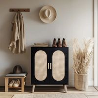 Zapatera Nórdica Rebeca Negro 2 Puertas con Ratán RyR Muebles