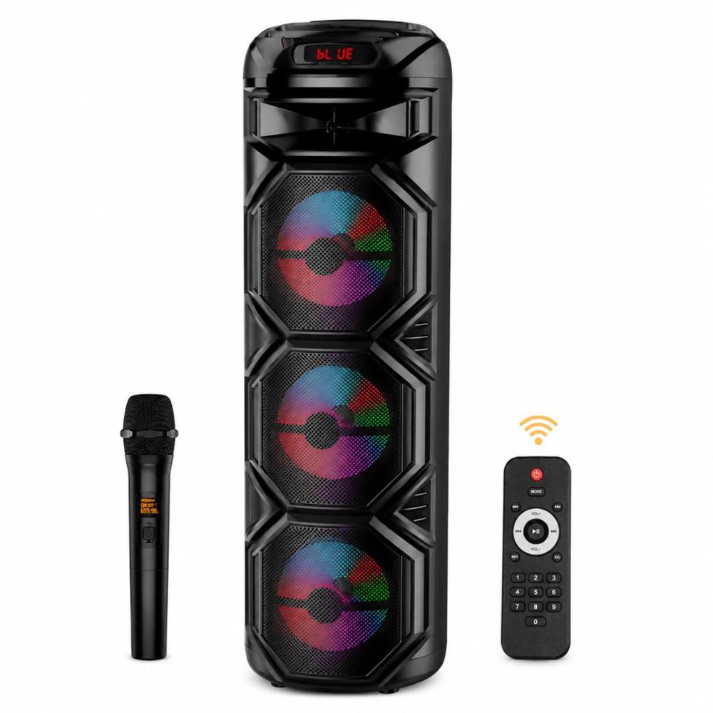 Parlante Bluetooth 60W Luces LED Multicolor Triple Parlante 8 pulgadas con Micrófono y Control