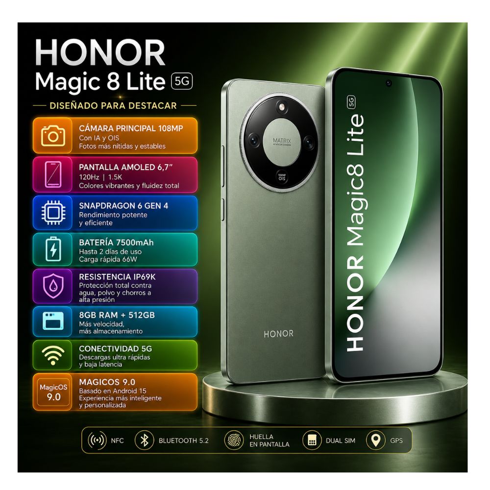 CELULAR Honor Magic 8 LITE 5G 8GB RAM 512GB verde