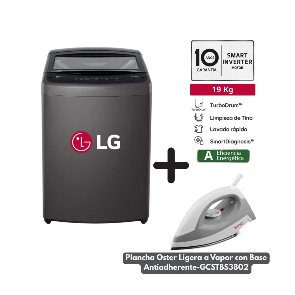 Lavadora LG 19 Kg Superior Turbo Drum Negro WT19BVTB - Plancha a Vapor Oster 1200 W GCSTBS3802