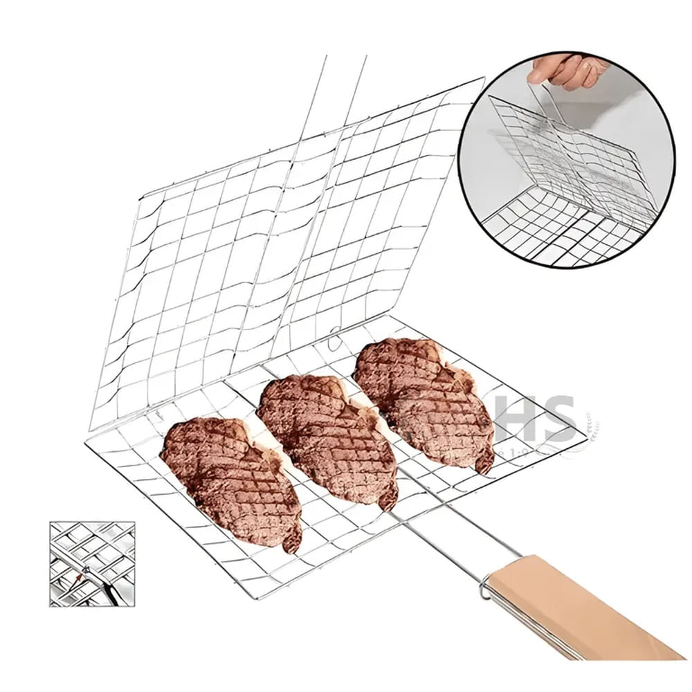 Parrilla Rejilla Doble Pequeña Para BBQ Con Mango De Seguridad