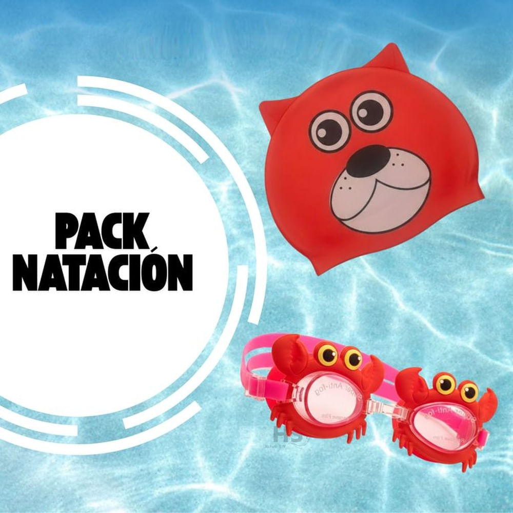 Pack Duo Gorro Rojo + Lentes de Natación Con Diseño de Cangrejo Para Niños