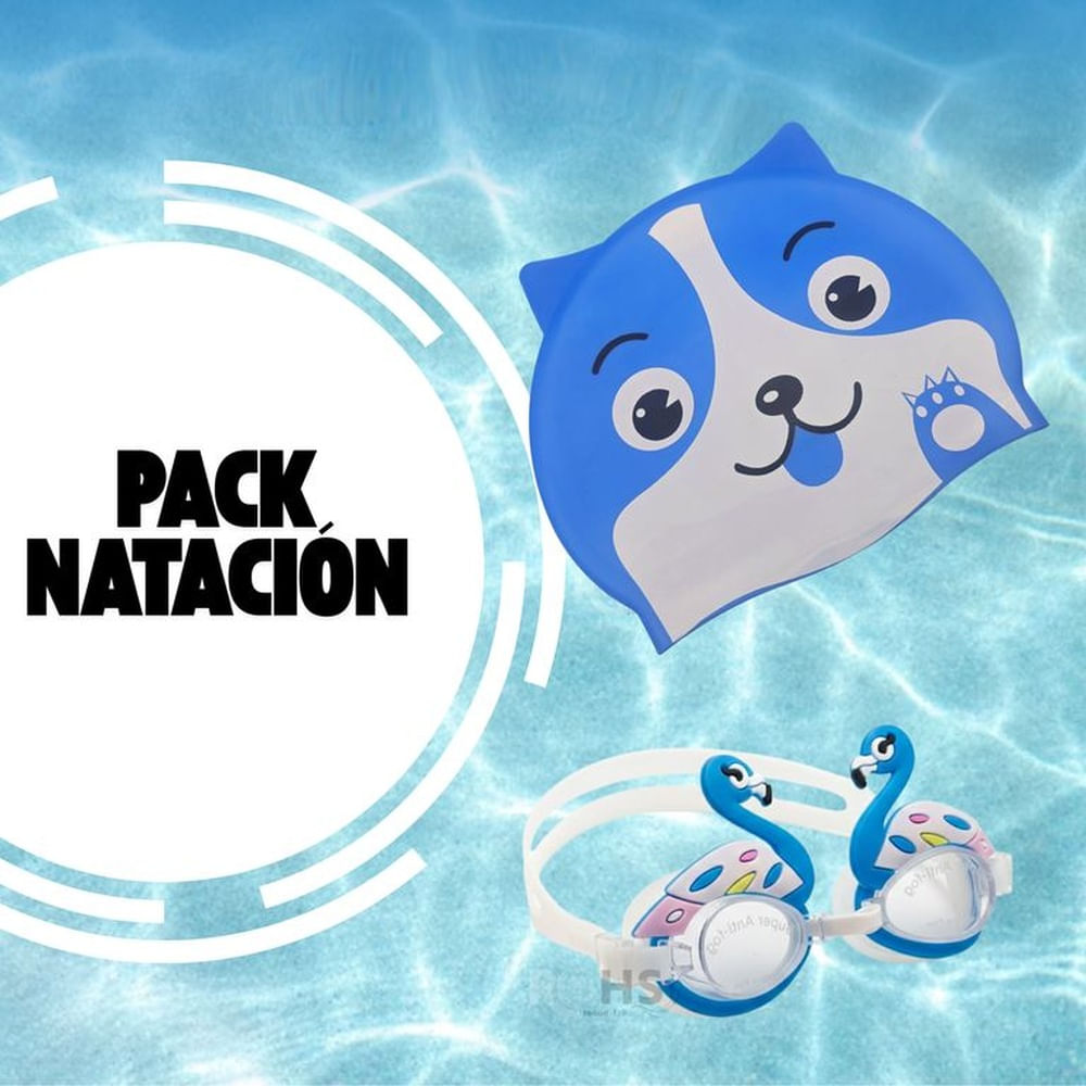 Pack Duo Gorro Azul + Lentes de Natación Con Diseño de Cisne Para Niños